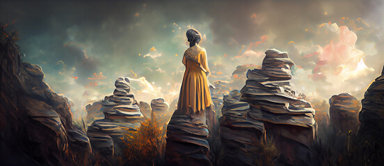 The mysterious woman standing at the rock Digital Artwork Illustration Paintings Hyper Realistic Renders - obrazy, fototapety, plakaty