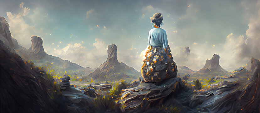 The mysterious woman standing at the rock Digital Artwork Illustration Paintings Hyper Realistic Renders