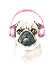 Watercolor Pug illustration, cute dog breed, funny character, cartoon dog in costume,clothes, accessories, hat, poster, card, invite, print,printable diy	
