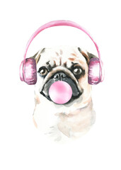 Watercolor Pug illustration, cute dog breed, funny character, cartoon dog in costume,clothes, accessories, hat, poster, card, invite, print,printable diy	
