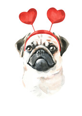 Watercolor Pug illustration, cute dog breed, funny character, cartoon dog in costume,clothes, accessories, hat, poster, card, invite, print,printable diy	
