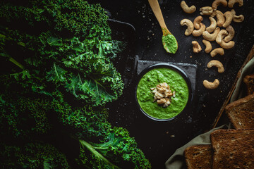 Pesto verde con frutos secos, servido en cuchara de madera con kale