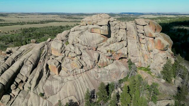 Vedauwoo 4k Aerial Drone Photo of geological rock formations in recreation area by Laramie in Southern Wyoming during sunny Summer day