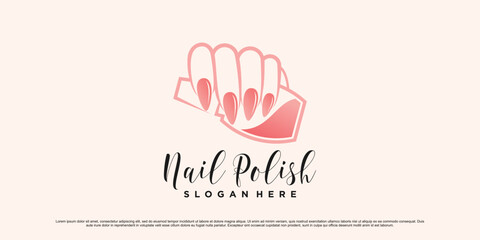 Nail polish and manicure logo design with woman hands and bottle icon Premium Vector - obrazy, fototapety, plakaty