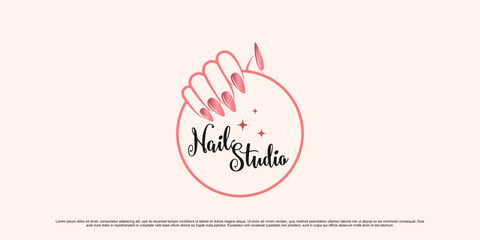 Nail and manicure logo design for nail salon with emblem style and creative element Premium Vector