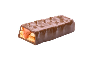 chocolate bar with a drip of caramel on a white background
