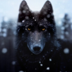 3d illustration of a black wolf in a winter storm