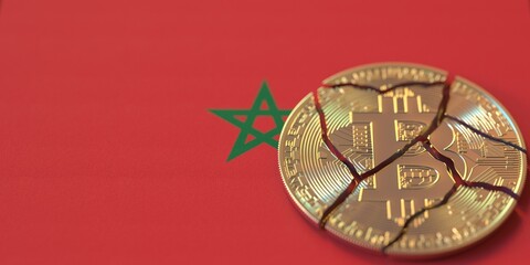Flag of Morocco and broken bitcoin. Cryptocurrency ban or crypto legal issues concepts, 3d rendering