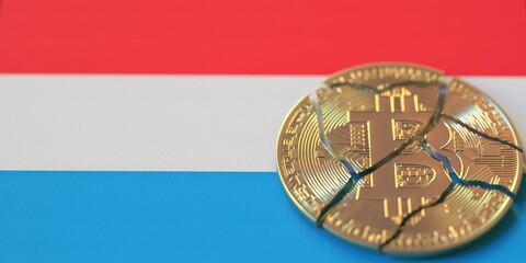 Broken bitcoin on the flag of Luxembourg. Legal issues and cryptocurrency regulations problems concepts, 3d rendering