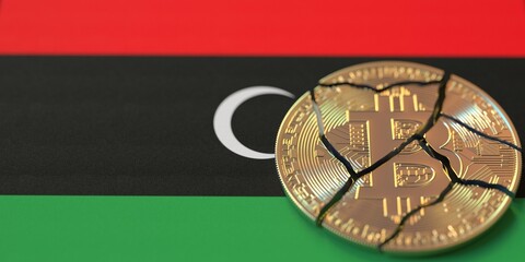 Fototapeta na wymiar Broken bitcoin on the flag of Libya. Legal issues and cryptocurrency regulations problems concepts, 3d rendering