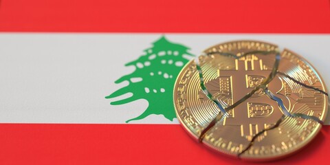 Broken bitcoin on the flag of Lebanon. Legal issues and cryptocurrency regulations problems concepts, 3d rendering