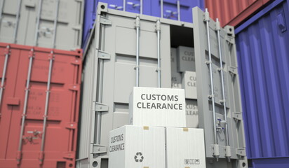 Cardboard boxes with Customs clearance text and cargo containers. Export or import related conceptual 3D rendering - obrazy, fototapety, plakaty