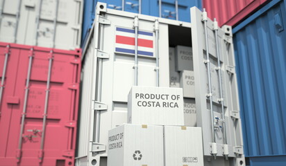 Cartons with goods from Costa Rica and shipping containers in the port terminal or warehouse. National production related conceptual 3D rendering