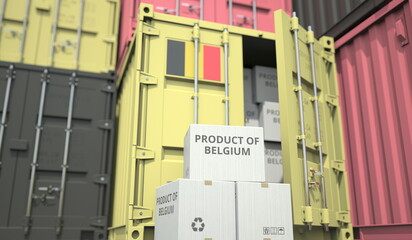 Cartons with goods from Belgium and shipping containers in the port terminal or warehouse. National production related conceptual 3D rendering