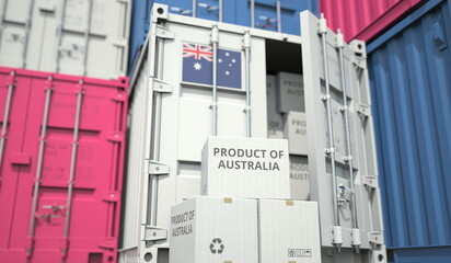 Cartons with goods from Australia and shipping containers in the port terminal or warehouse. National production related conceptual 3D rendering