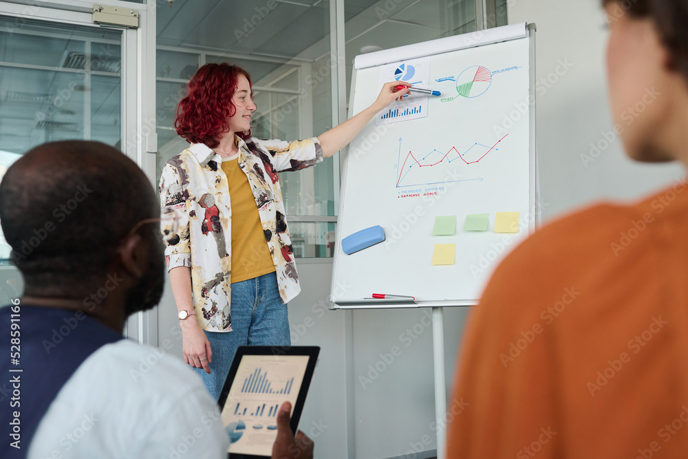 Aufkleber Young manager or broker pointing at financial diagram on whiteboard while explaining financial data to intercultural colleagues