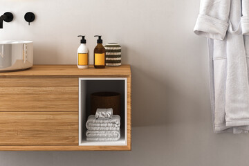 Close up of sink with oval mirror standing in on white wall , wooden cabinet with black faucet in minimalist bathroom. Side view. 3d rendering