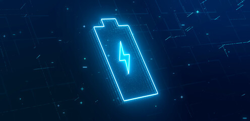 Digital lithium-ion rechargeable battery symbol, high voltage charging energy storage with glowing blue neon lightning particle icon, 3d rendering futuristic alternative energy technology concept - obrazy, fototapety, plakaty