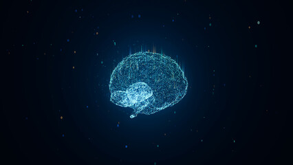 Human brain digital particle with analysis computation data, neural network connections in digital artificial intelligence computer, abstract deep learning research 3d technology illustration