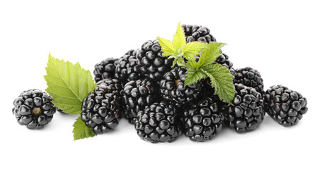 Tasty ripe blackberries and leaves on white background - obrazy, fototapety, plakaty