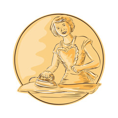 Homemaker Ironing Clothes Vintage Etching