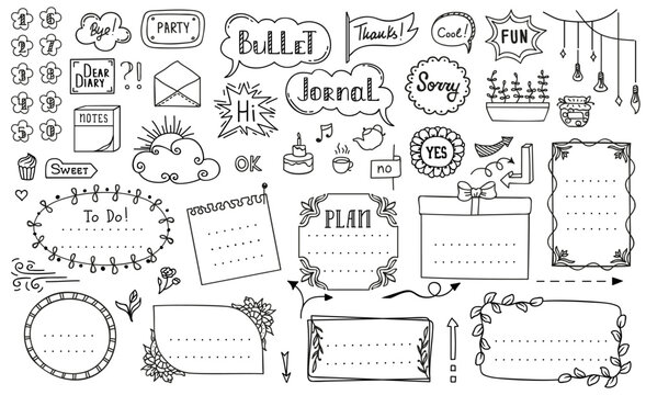 Doodle bullet journal diary notebook hand drawn frames, vector calendar elements. Bullet journal banners, and calendar planner sketch line borders, school stickers or page list ribbons with arrows