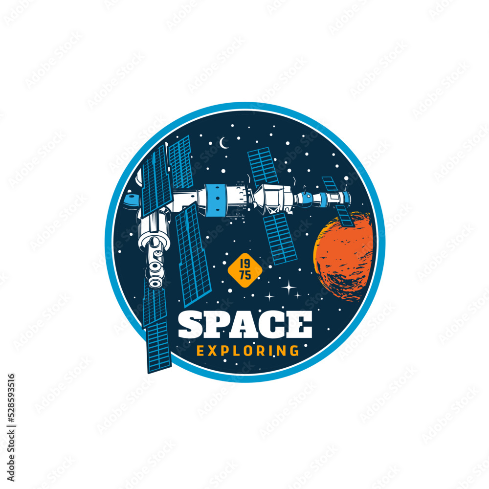 Poster orbital station icon. space exploration vector icon or cosmos discovery vintage badge with orbital s