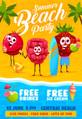 Summer beach party flyer. Cartoon berry characters on tropical resort. Vector flyer with funny cranberry, raspberry and strawberry personages with cocktail, surf board and ball at seaside
