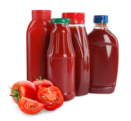 Tasty ketchup and fresh ripe tomatoes on white background