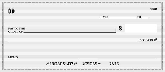 Blank bank check, checkbook cheque template for dollars payment, vector mockup. Bank payment check or money voucher and cash pay cheque certificate, dollar bill paycheck with guilloche pattern - obrazy, fototapety, plakaty