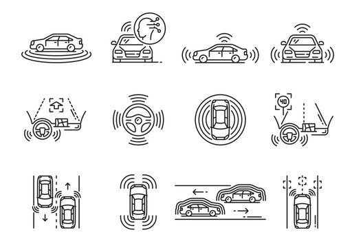 Driverless car and vehicle icons of self driving automobile, vector future technology. Self driving car or driverless vehicle linear icons, automatic transport system of road traffic smart sensors