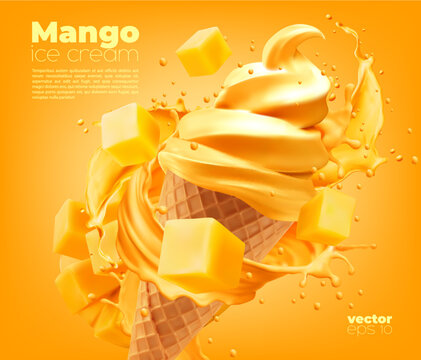 Mango soft ice cream cone with splash of tropical fruit sauce. Vector 3d swirl of soft serve icecream, gelato or frozen yogurt in waffle cone, summer milk dessert with topping of sweet mango cubes