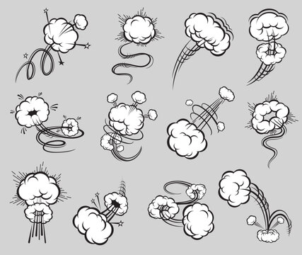 Comic speed motion bubbles and trails, cartoon smoke clouds. Vector puff comic speed bubbles effect of bomb boom or explosion blast, jump and rocket air steam in doodle wind bubble clouds