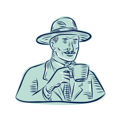 Man Fedora Hat Drinking Coffee Etching