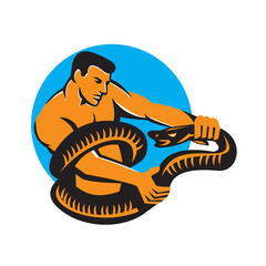 Man Fighting Boa Constrictor Snake Retro