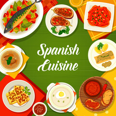Spanish cuisine menu cover template. Mackerel Escabeche, eggplant Berenjena Rellena and garlic soup Sopa de Ajo, roasted peppers Escalivada, potato mushroom omelette Tortilla and fried cod fish Tapas