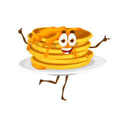 Cartoon pancake character with honey. Funny vector bakery dessert personage with smiling face waving hands. Homemade or cafe kawaii confectionery sweets, positive patisserie with dripping topping