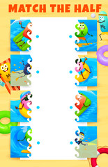 Match the half of cartoon vitamin and mineral characters on beach vacation, kids game vector worksheet. Summer holidays puzzle with vitamins swimming, diving and riding surfboard on sand beach
