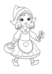 coloring book illustration with cute little girl wearing Netherlands traditional costume