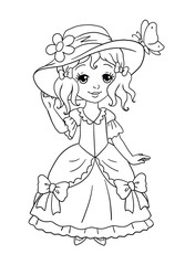 coloring book illustration with cute little lady in beautiful outfit