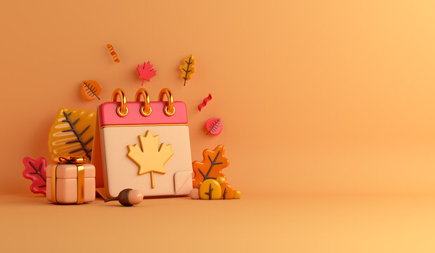 Autumn decoration background with calendar, orange leaves, gift box, acorn, copy space text, 3d rendering illustration
