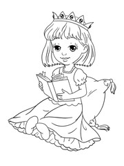 Isolated coloring book art with little princes in crown sitting with a book reading