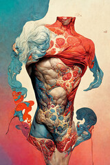 The abstract human body, male torso in detail, stylized and disintegrating, red and blue colour theme, illustration in a modern spot colour style - Art by Simon Fletcher