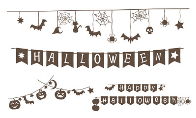 Set of Halloween decoration elements. Garland, flag, ribbon and sticker. Pumpkins, bat, spider, spider wire, stars and skull. Happy Halloween decoration icons collection. Vector illustration.