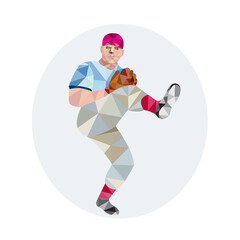 Baseball Pitcher Outfielder Throw Leg Up Low Polygon