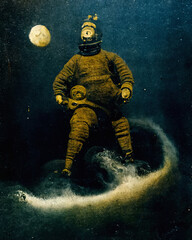 Fototapeta premium Astronaut / deep sea diver in old derelict suit, emerging from the sea 1890 collage