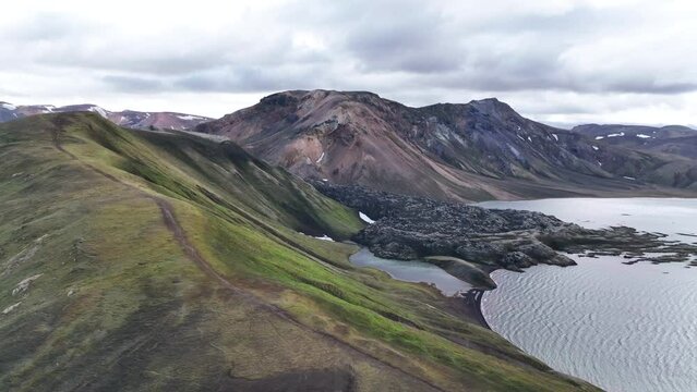 Namshraun Lava Field And Frostastadavatn Lake In The Highlands Of Iceland. - aerial