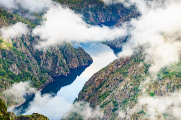 Mountain view. Clouds over river Sil Canyon, Galicia Spain.