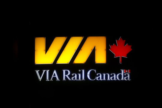 VIA Rail Canada Logo Banner at the Halifax Inter-city Railway Station. Halifax forms the eastern transcontinental of the VIA Rail linking Montreal to Halifax. HALIFAX, NOVA SCOTIA, CANADA - AUG 2022