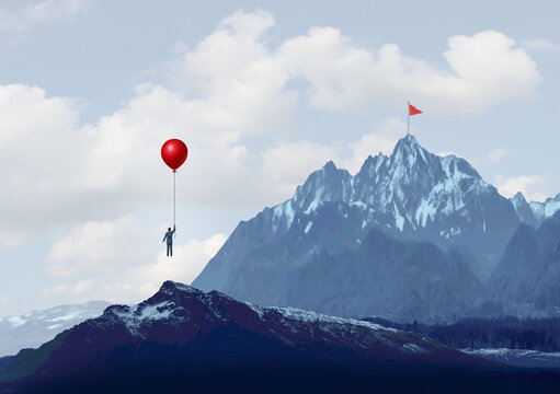 Challenge Strategy Success And Business Aspiration For Climbing A High Mountain Metaphor As A Clever Businessman With A Goal Of A Red Flag From The Peak Or Summit 